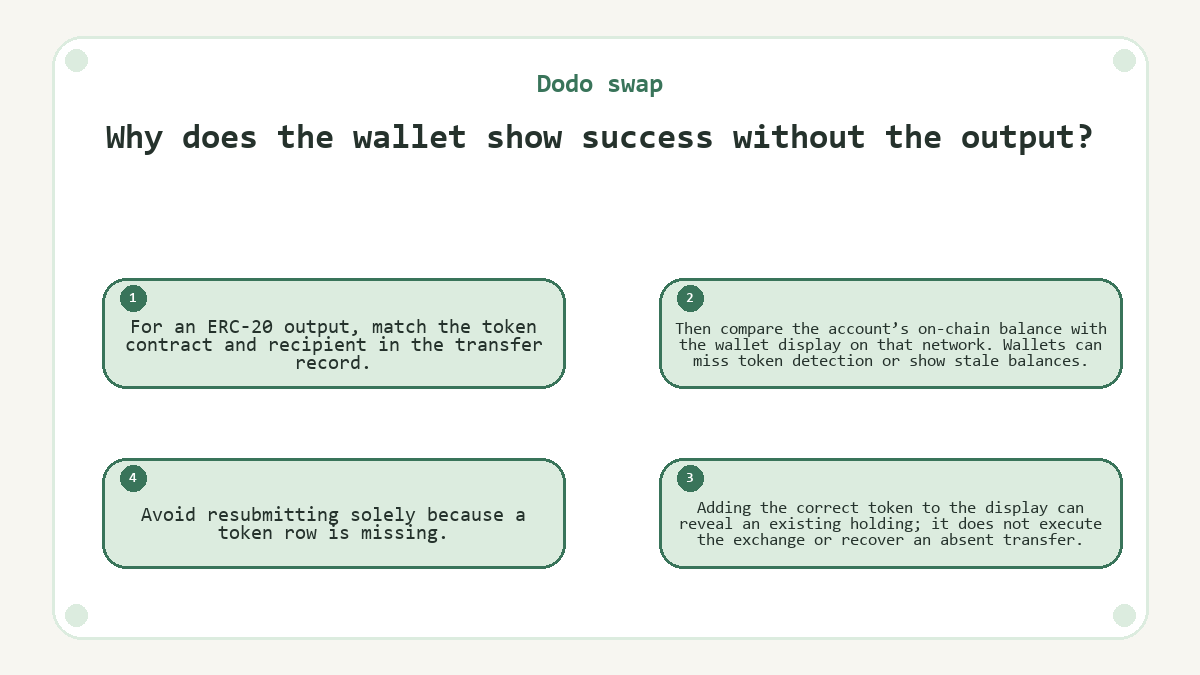 Why does the wallet show success without the output?: For an ERC-20 output, match the token contract and recipient in the transfer record.; Then compare the account’s on-chain balance with the wallet display on that network. Wallets can miss token detection or show stale balances.; Adding the correct token to the display can reveal an existing holding; it does not execute the exchange or recover an absent transfer.; Avoid resubmitting solely because a token row is missing.